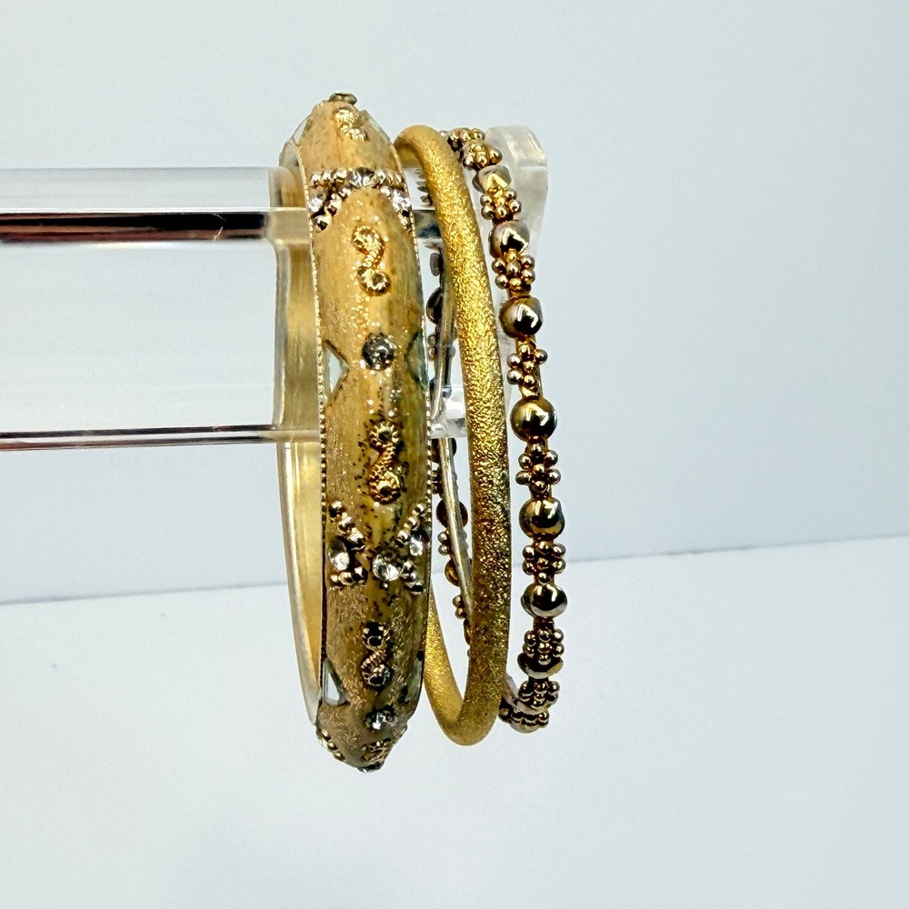 Luxe Gold Boho Bangles Rhinestone Glitter Textured Stackable Bracelets 3pc Set - Picture 6 of 9